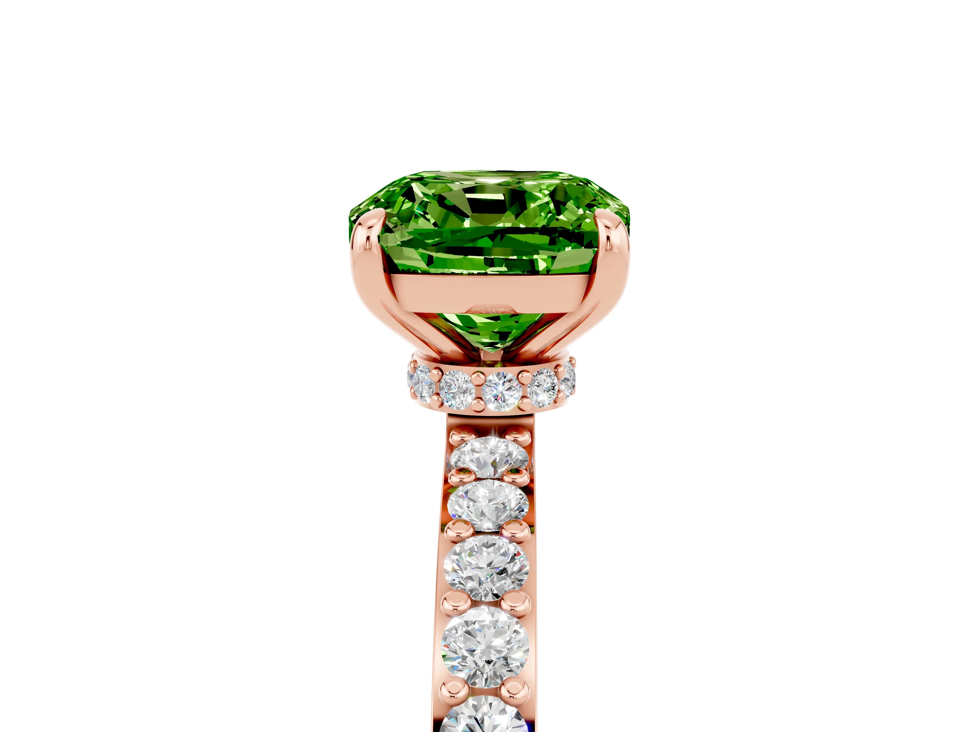 Rose gold Cushion Cut Peridot Ring with Pavé Band and Four-Prong Setting_5