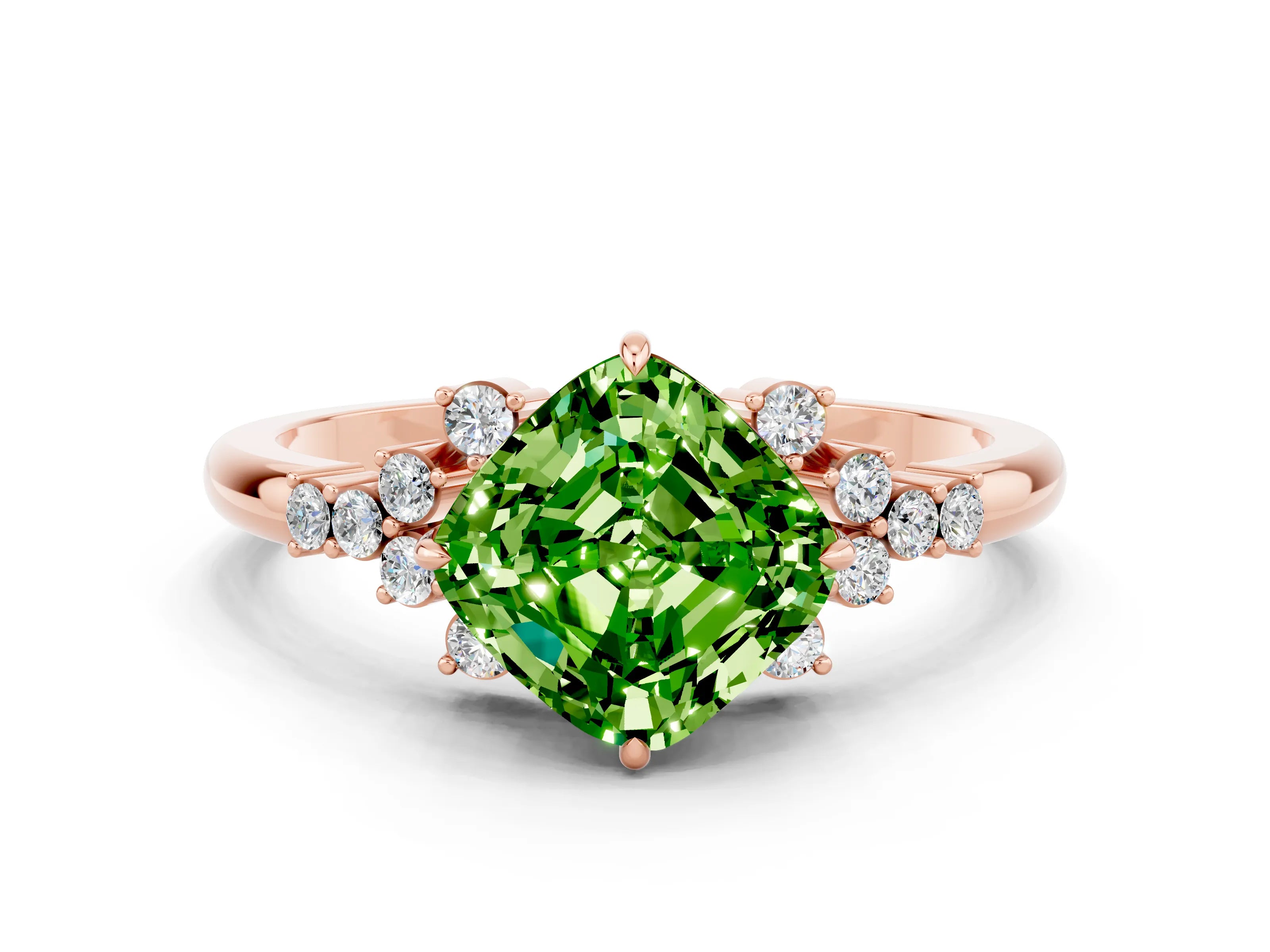 Rose gold Cushion Cut Peridot Ring with Side Stones and Four-Prong Setting_36