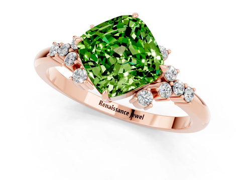 Rose gold Cushion Cut Peridot Ring with Side Stones and Four-Prong Setting_37