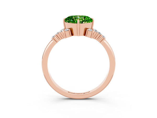 Rose gold Cushion Cut Peridot Ring with Side Stones and Four-Prong Setting