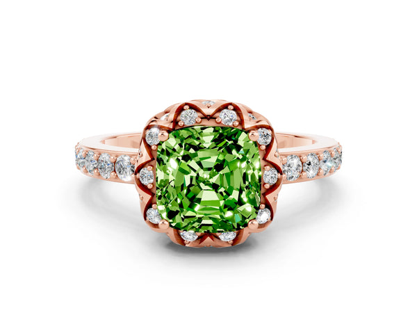 Rose gold Cushion Cut Peridot Scalloped Halo Engagement Ring with Round Shared Prong Band