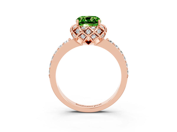 Rose gold Cushion Cut Peridot Scalloped Halo Engagement Ring with Round Shared Prong Band