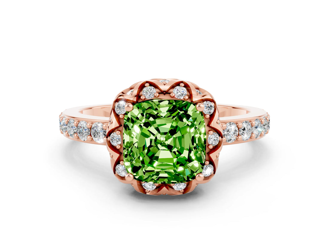 Rose gold Cushion Cut Peridot Scalloped Halo Engagement Ring with Round Shared Prong Band_24