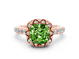 Rose gold Cushion Cut Peridot Scalloped Halo Engagement Ring with Round Shared Prong Band_24