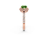 Rose gold Cushion Cut Peridot Scalloped Halo Engagement Ring with Round Shared Prong Band_26