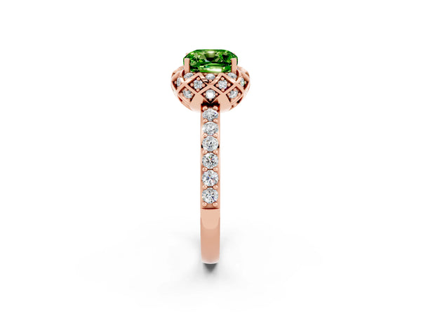 Rose gold Cushion Cut Peridot Scalloped Halo Engagement Ring with Round Shared Prong Band