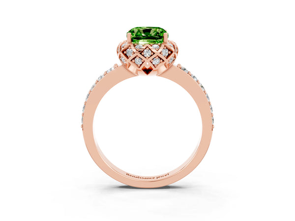 Rose gold Cushion Cut Peridot Scalloped Halo Engagement Ring with Round Shared Prong Band