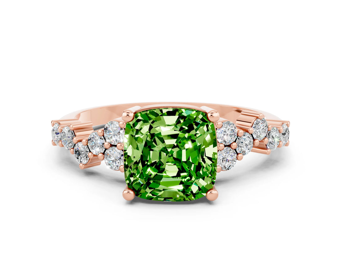 Rose gold Cushion Cut Peridot Scattered Round Accent Ring with Prong Setting_24