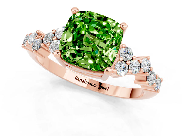 Rose gold Cushion Cut Peridot Scattered Round Accent Ring with Prong Setting