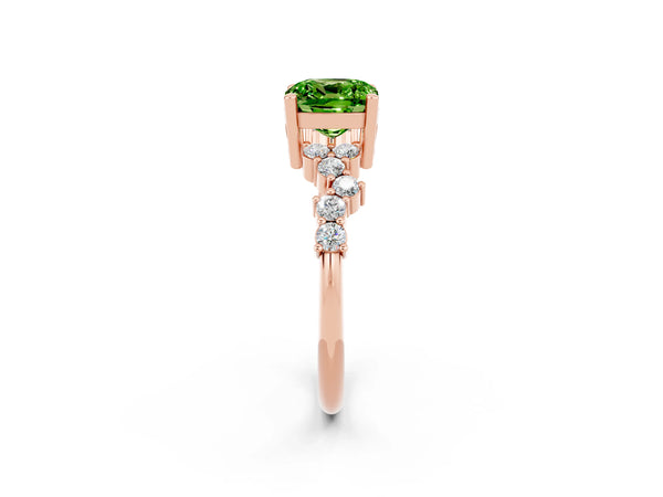 Rose gold Cushion Cut Peridot Scattered Round Accent Ring with Prong Setting