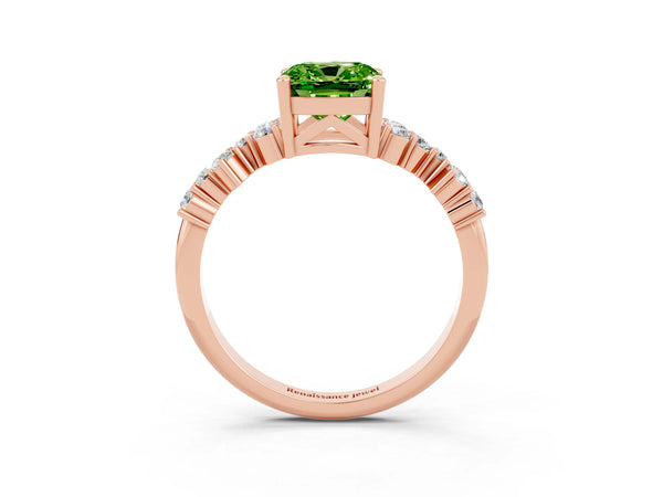 Rose gold Cushion Cut Peridot Scattered Round Accent Ring with Prong Setting