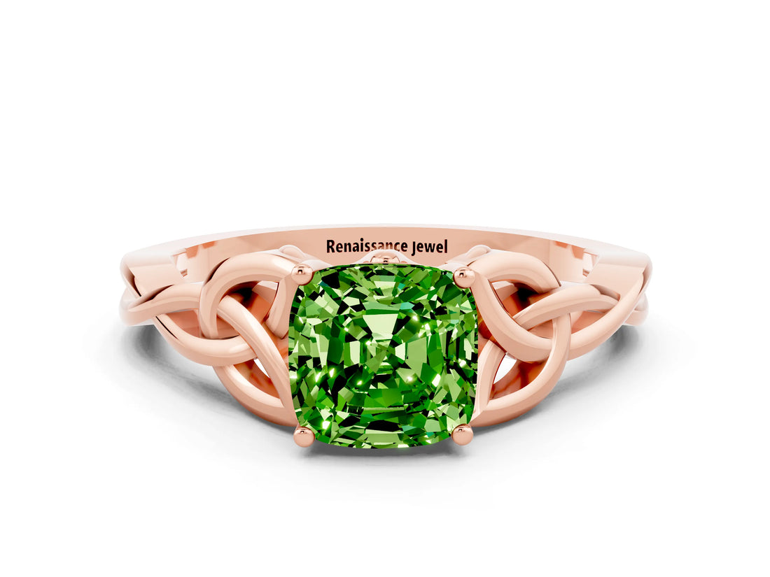 Rose gold Cushion Cut Peridot Solitaire Celtic Knot Ring with Four-Prong Setting_12