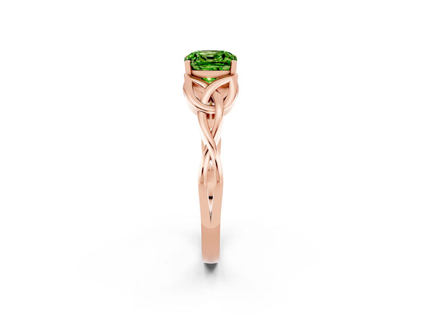 Rose gold Cushion Cut Peridot Solitaire Celtic Knot Ring with Four-Prong Setting