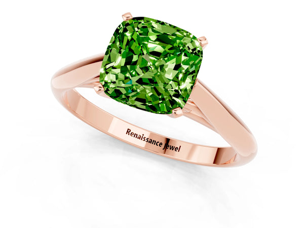 Rose gold Cushion Cut Peridot Solitaire Engagement Ring with Cathedral Setting and Four-Prong Mount