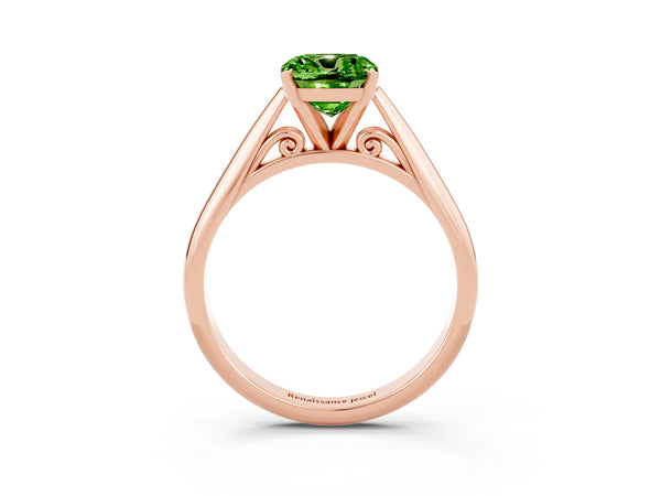 Rose gold Cushion Cut Peridot Solitaire Engagement Ring with Cathedral Setting and Four-Prong Mount