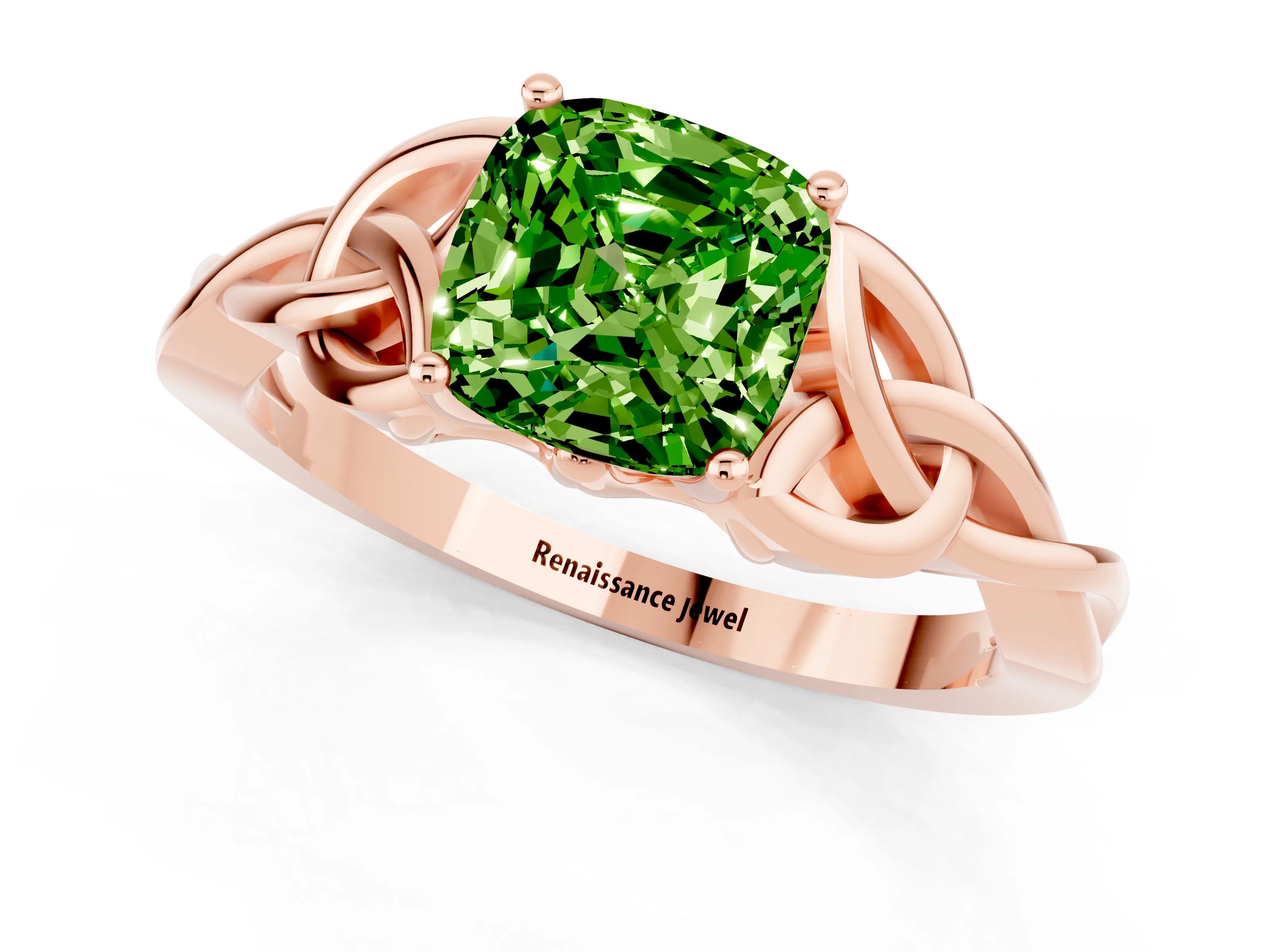 Rose gold Cushion Cut Peridot Solitaire Engagement Ring with Celtic Knot Band and Four-Prong Setting_1