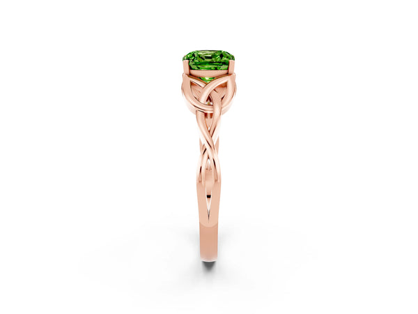 Rose gold Cushion Cut Peridot Solitaire Engagement Ring with Celtic Knot Band and Four-Prong Setting