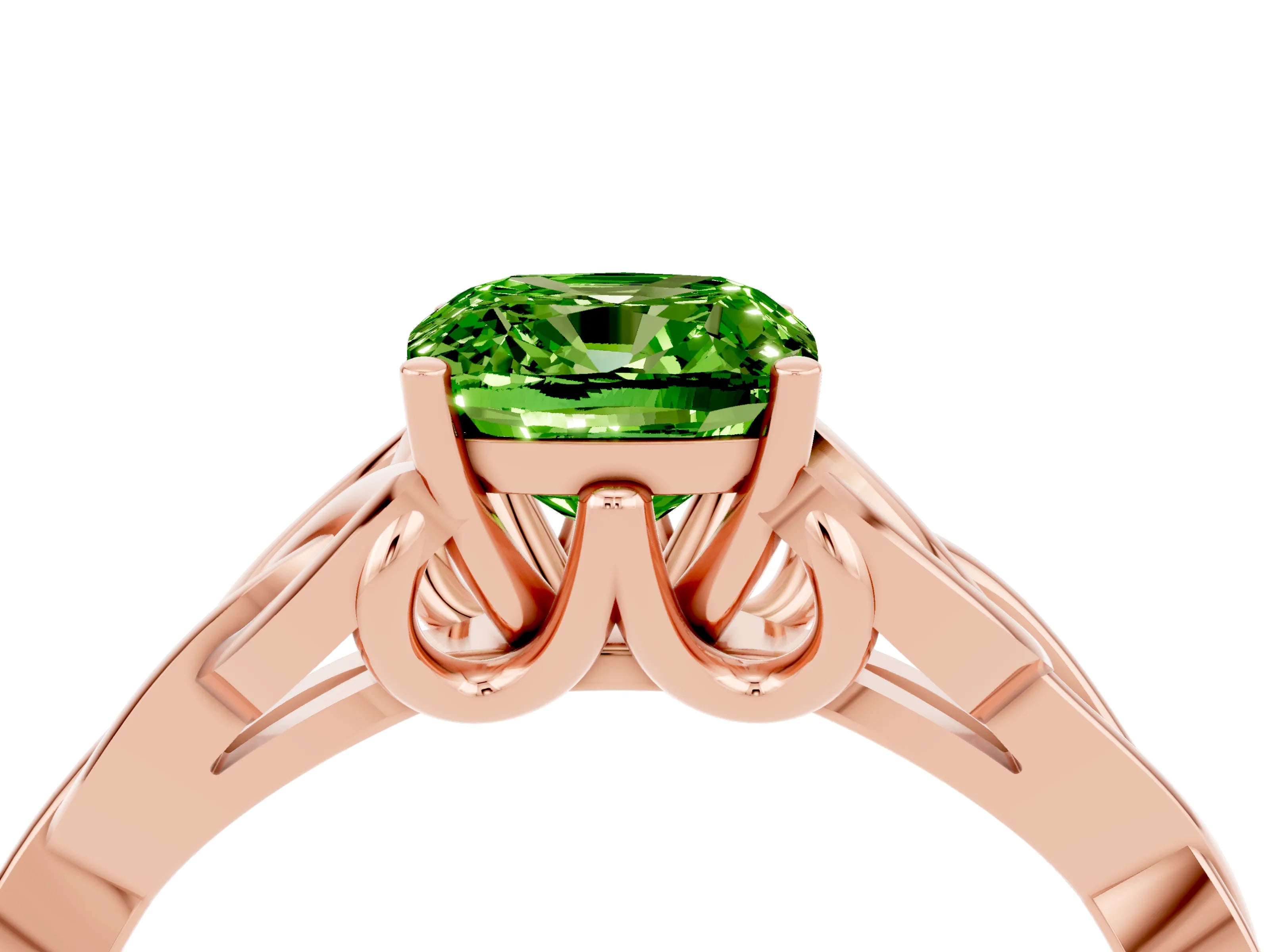 Rose gold Cushion Cut Peridot Solitaire Engagement Ring with Celtic Knot Band and Four-Prong Setting_4
