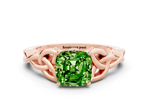 Rose gold Cushion Cut Peridot Solitaire Engagement Ring with Celtic Knot Band and Four-Prong Setting