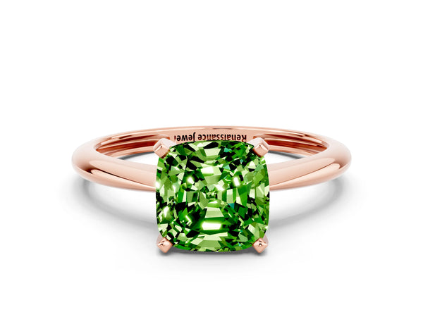 Rose gold Cushion Cut Peridot Solitaire Engagement Ring with Classic Band and Four-Prong Setting