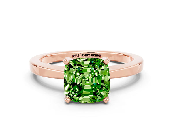 Rose gold Cushion Cut Peridot Solitaire Engagement Ring with Classic Band and Four-Prong Setting