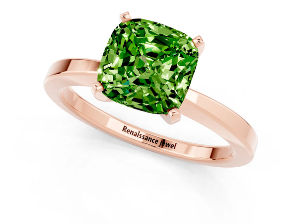 Rose gold Cushion Cut Peridot Solitaire Engagement Ring with Classic Band and Four-Prong Setting