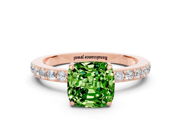 Rose gold Cushion Cut Peridot Solitaire Engagement Ring with Pavé Band and Four-Prong Setting