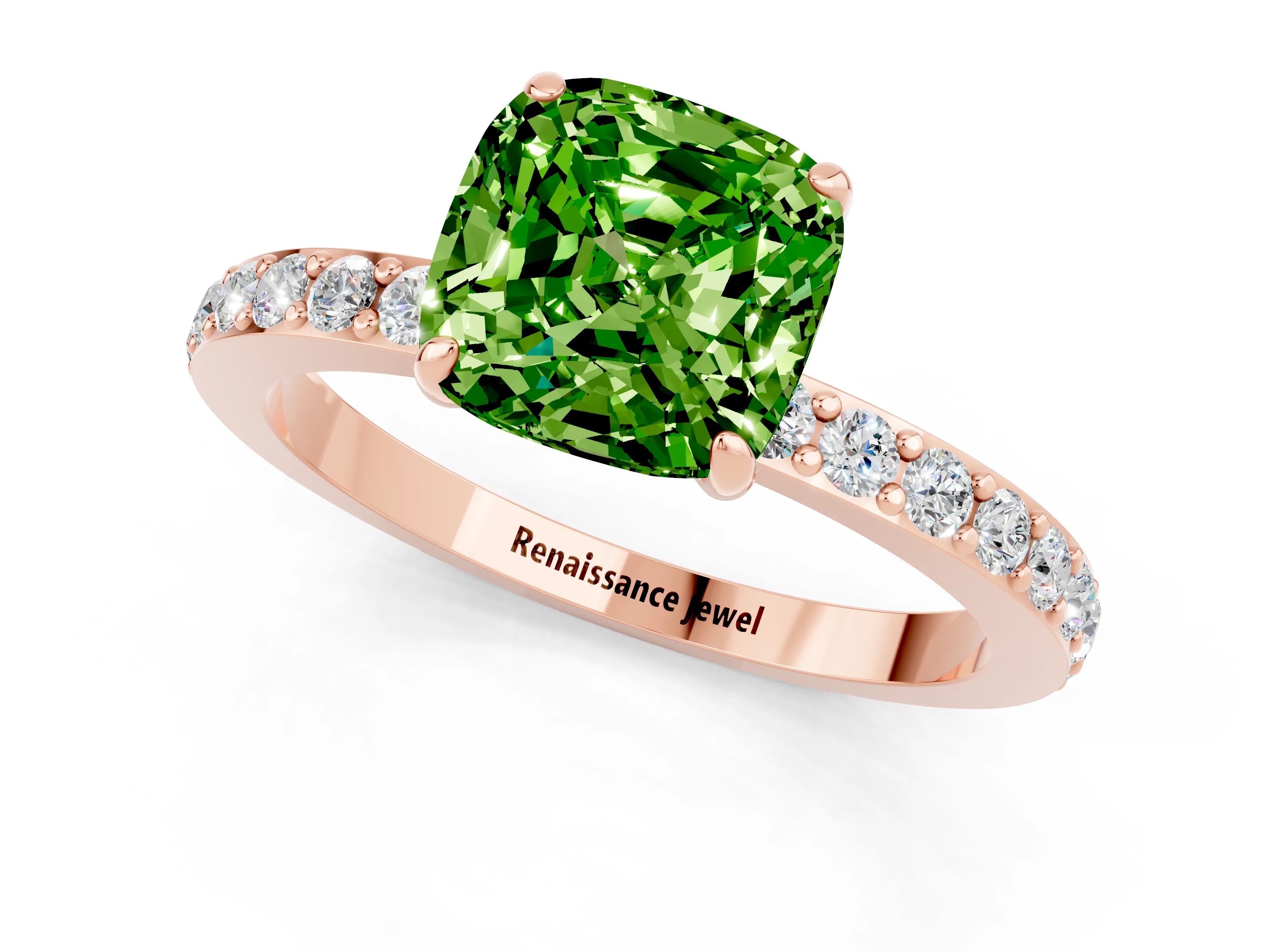 Rose gold Cushion Cut Peridot Solitaire Engagement Ring with Pavé Band and Four-Prong Setting_1