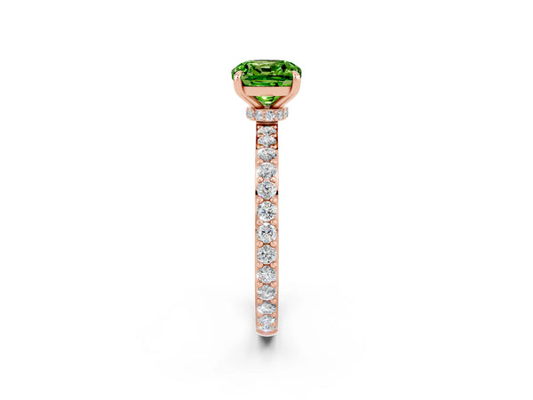 Rose gold Cushion Cut Peridot Solitaire Engagement Ring with Pavé Band and Four-Prong Setting
