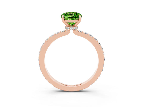 Rose gold Cushion Cut Peridot Solitaire Engagement Ring with Pavé Band and Four-Prong Setting