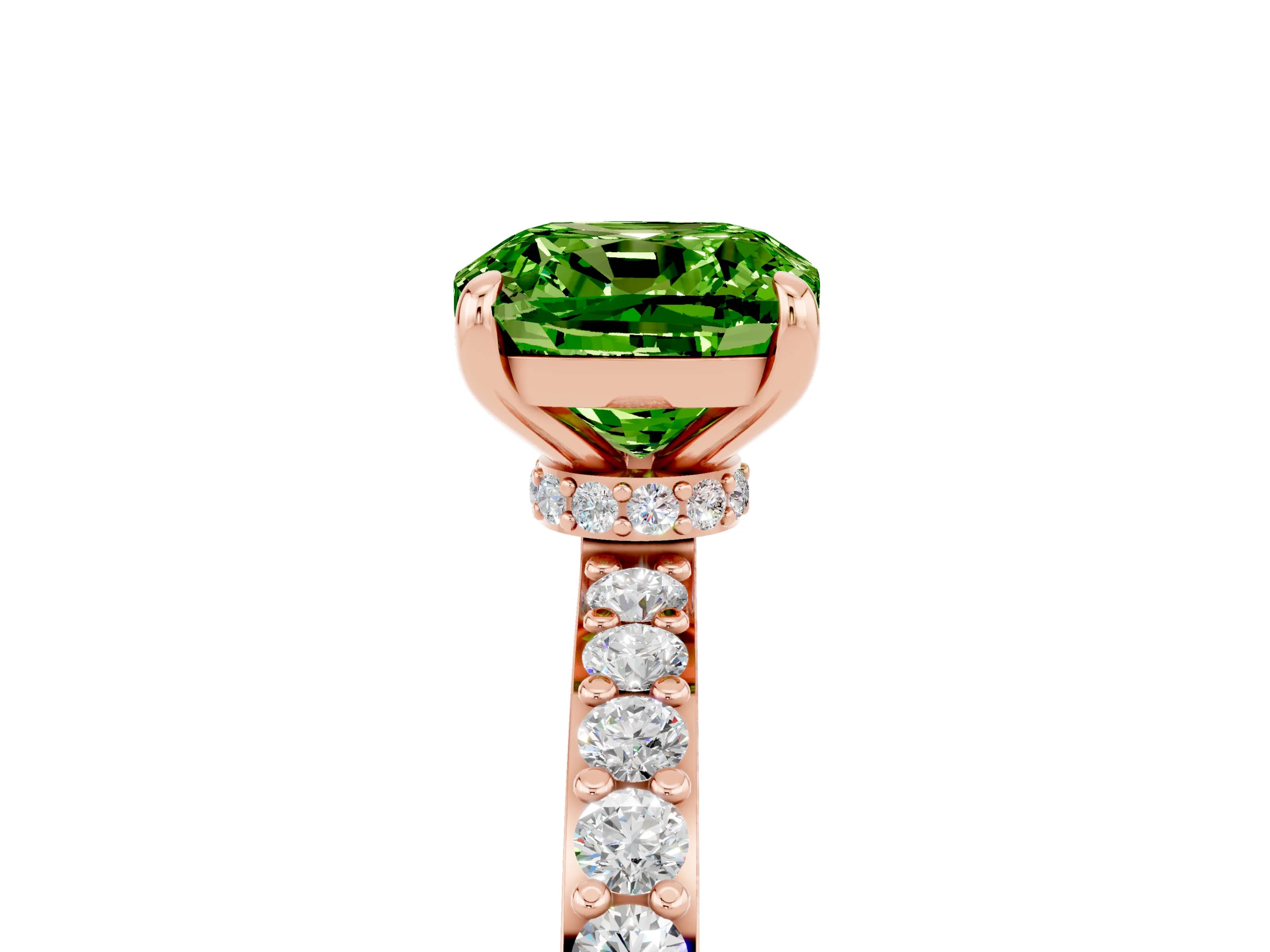 Rose gold Cushion Cut Peridot Solitaire Engagement Ring with Pavé Band and Four-Prong Setting_5