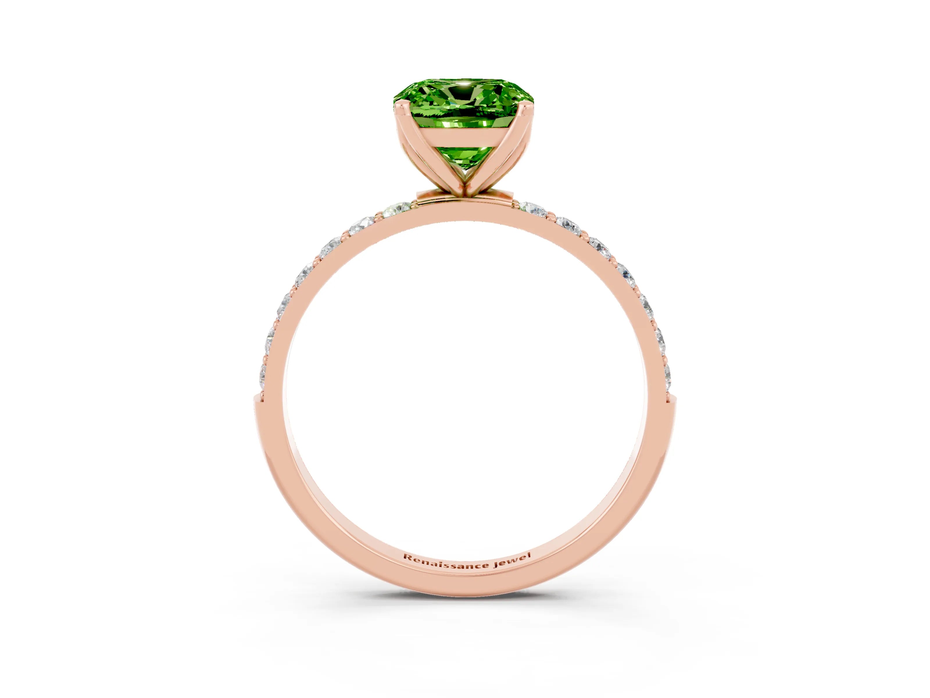 Rose gold Cushion Cut Peridot Solitaire Engagement Ring with Pavé Band and Prong Setting_3