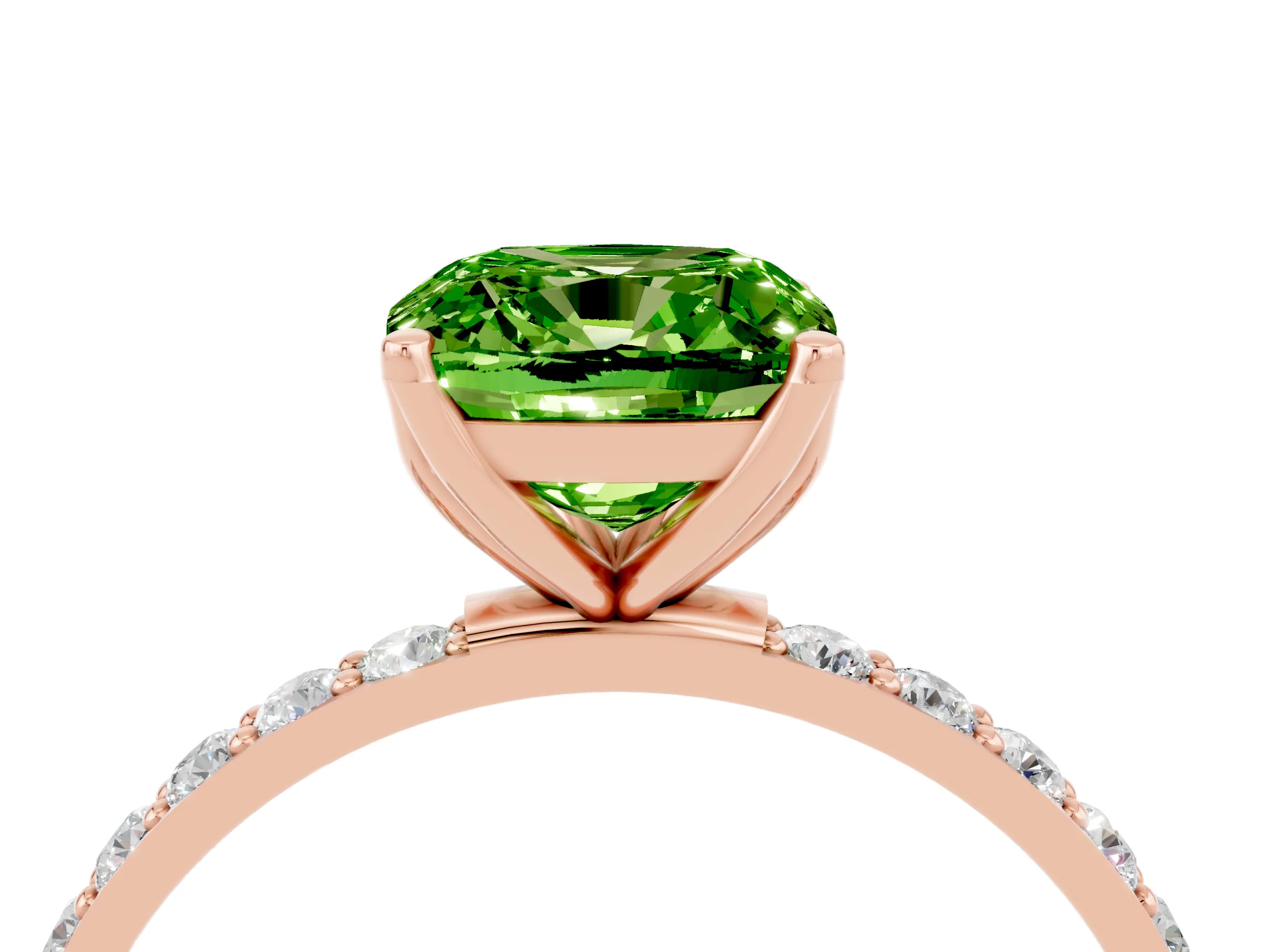 Rose gold Cushion Cut Peridot Solitaire Engagement Ring with Pavé Band and Prong Setting_4