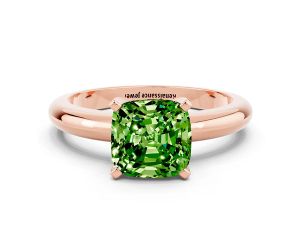 Rose gold Cushion Cut Peridot Solitaire Engagement Ring with Round Band and Four-Prong Setting