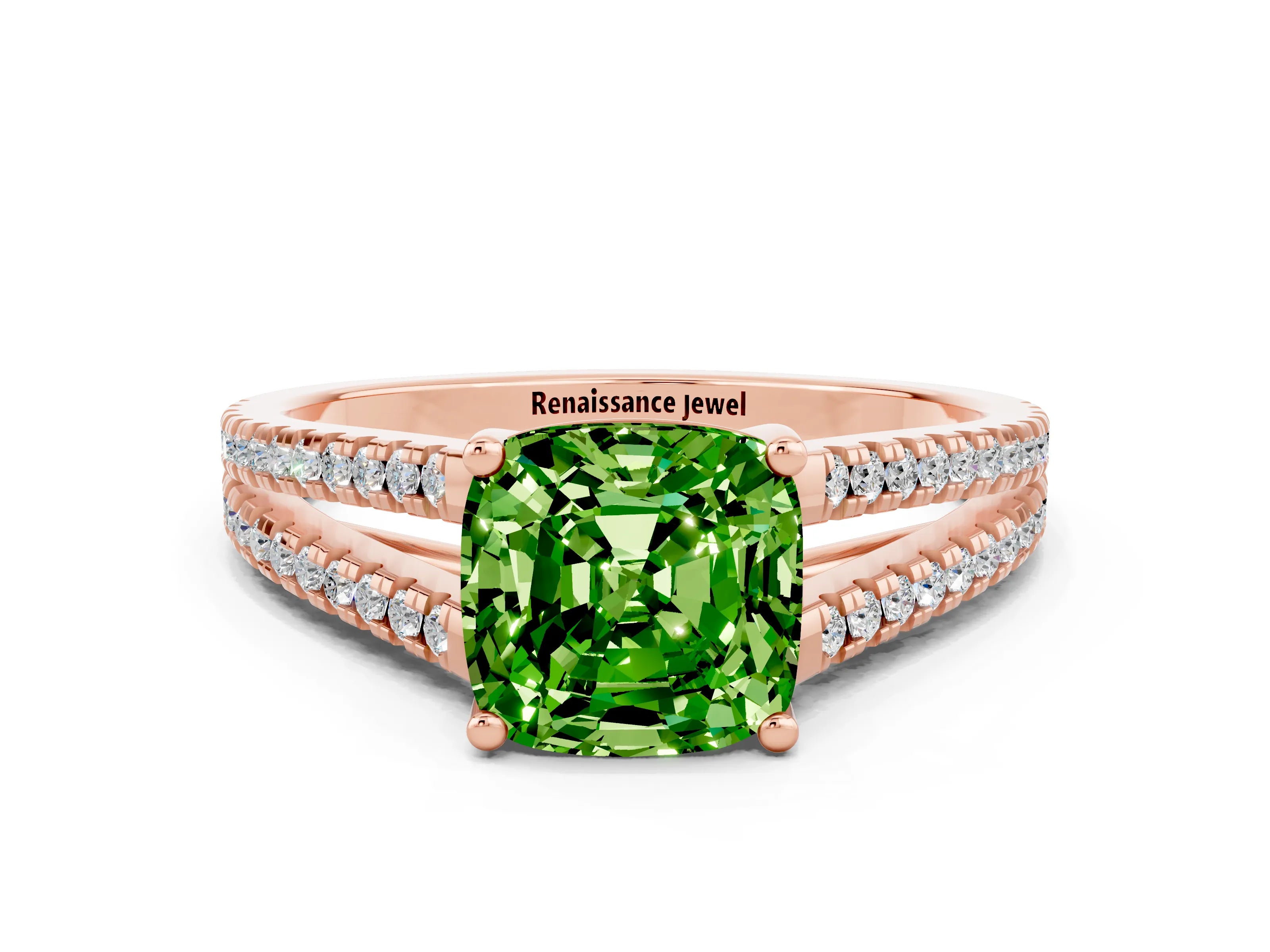 Rose gold Cushion Cut Peridot Solitaire Engagement Ring with Split Shank Pavé Band