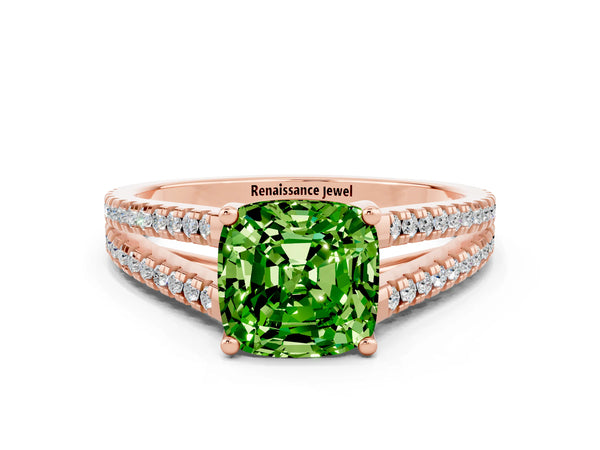 Rose gold Cushion Cut Peridot Solitaire Engagement Ring with Split Shank Pavé Band