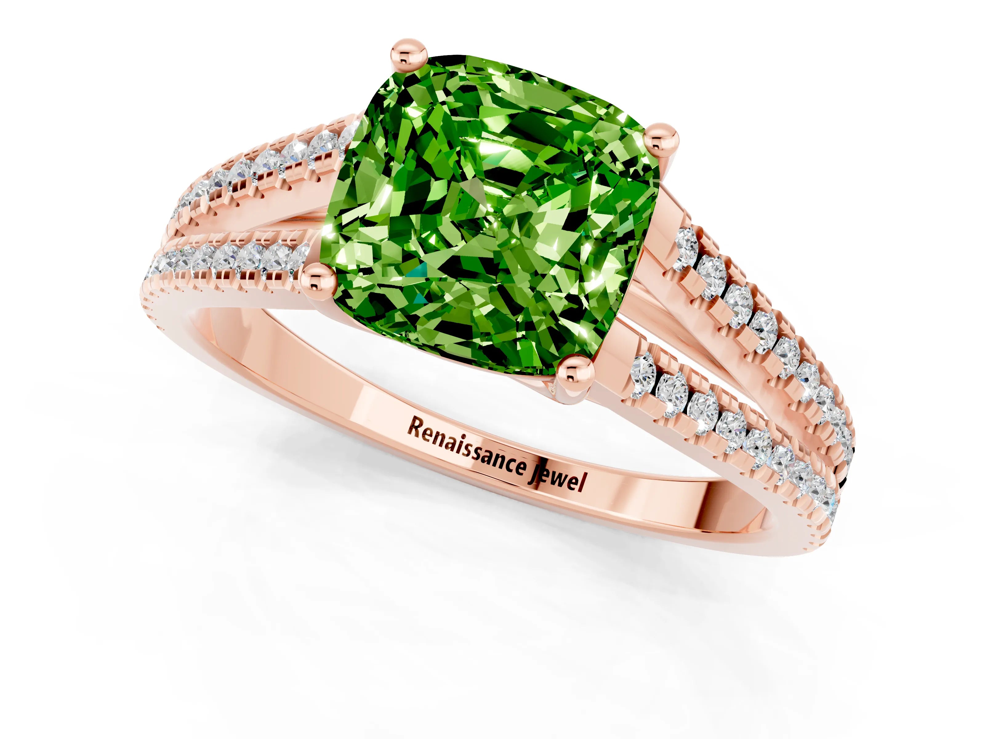 Rose gold Cushion Cut Peridot Solitaire Engagement Ring with Split Shank Pavé Band_1