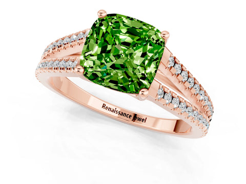 Rose gold Cushion Cut Peridot Solitaire Engagement Ring with Split Shank Pavé Band_1