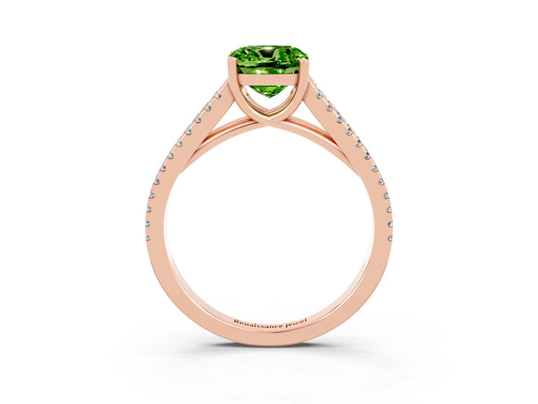 Rose gold Cushion Cut Peridot Solitaire Engagement Ring with Split Shank Pavé Band