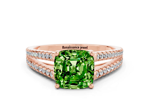 Rose gold Cushion Cut Peridot Solitaire Engagement Ring with Split Shank Pavé Band