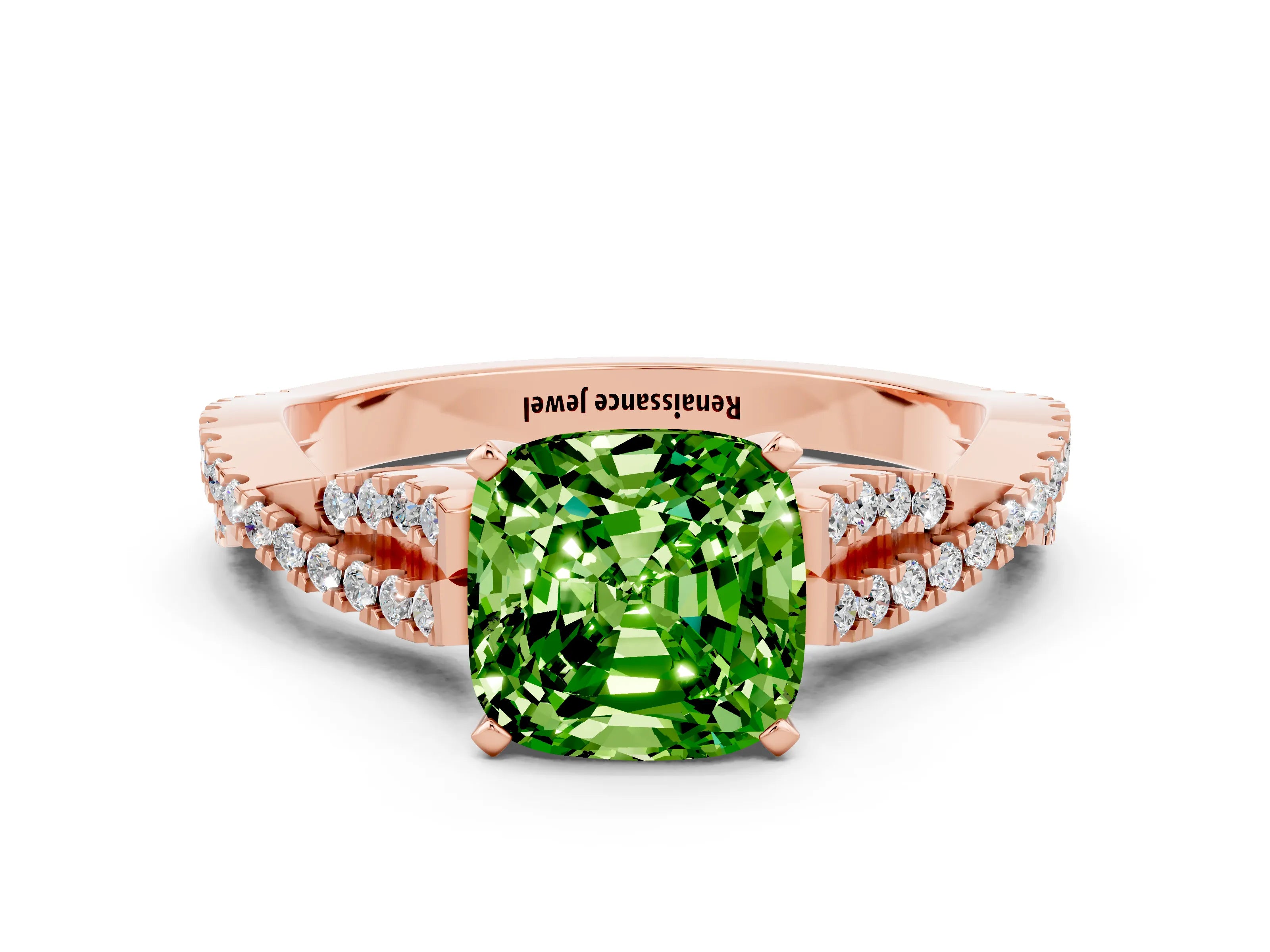 Rose gold Cushion Cut Peridot Solitaire Engagement Ring with Twisted Pavé Band and Four-Prong Setting_12