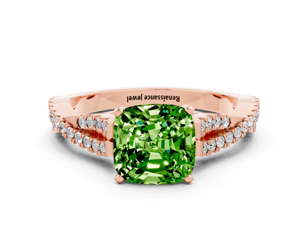 Rose gold Cushion Cut Peridot Solitaire Engagement Ring with Twisted Pavé Band and Four-Prong Setting