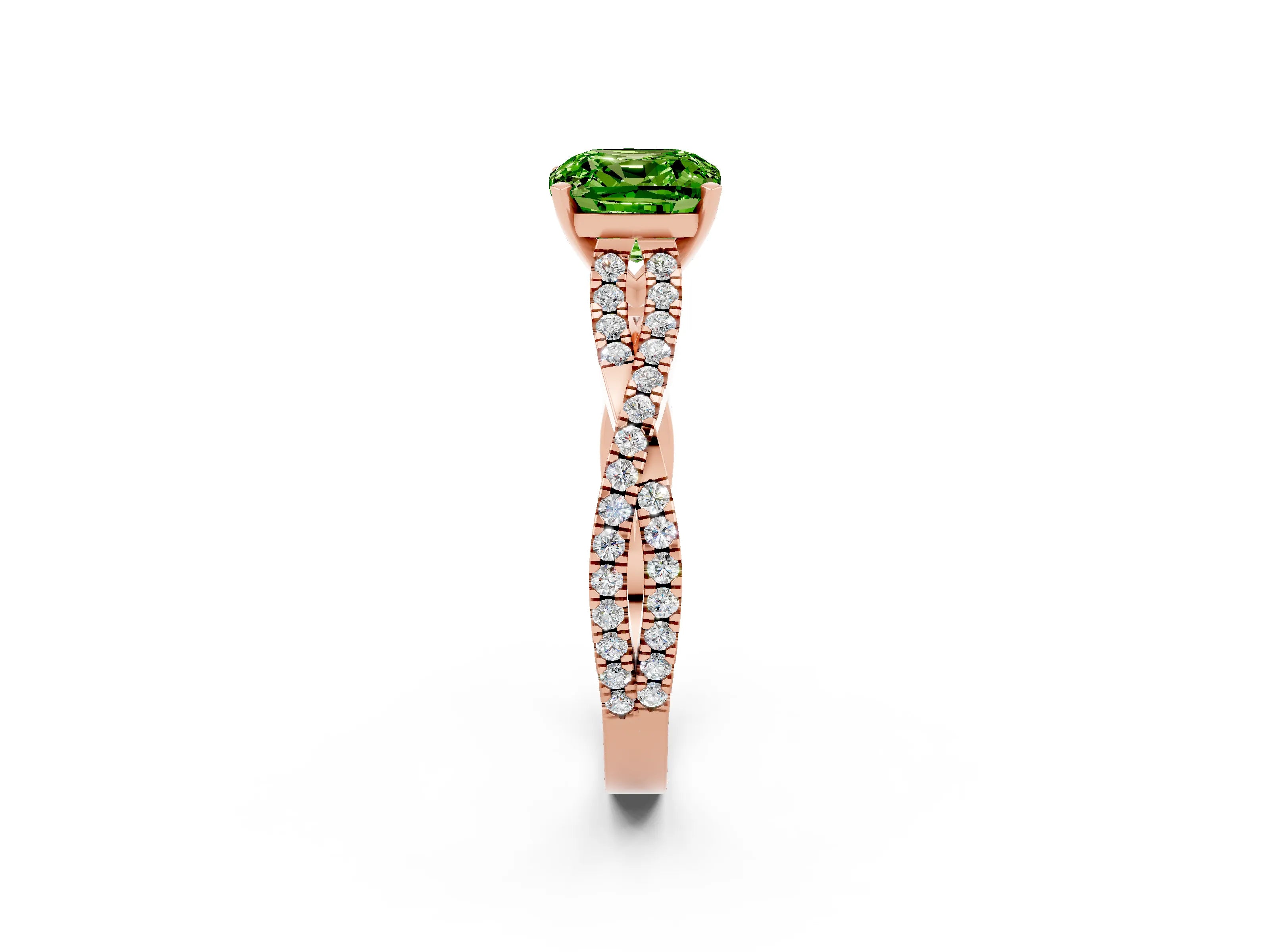 Rose gold Cushion Cut Peridot Solitaire Engagement Ring with Twisted Pavé Band and Four-Prong Setting_14