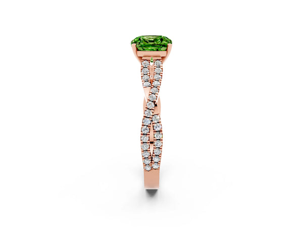 Rose gold Cushion Cut Peridot Solitaire Engagement Ring with Twisted Pavé Band and Four-Prong Setting