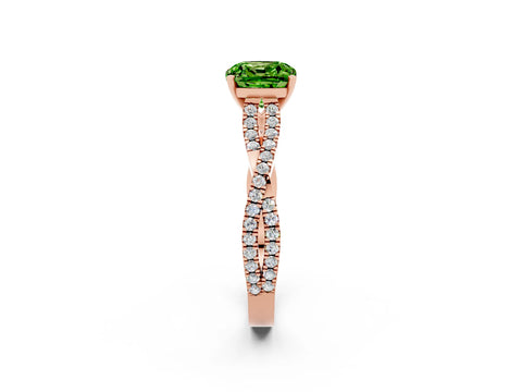 Rose gold Cushion Cut Peridot Solitaire Engagement Ring with Twisted Pavé Band and Four-Prong Setting_14