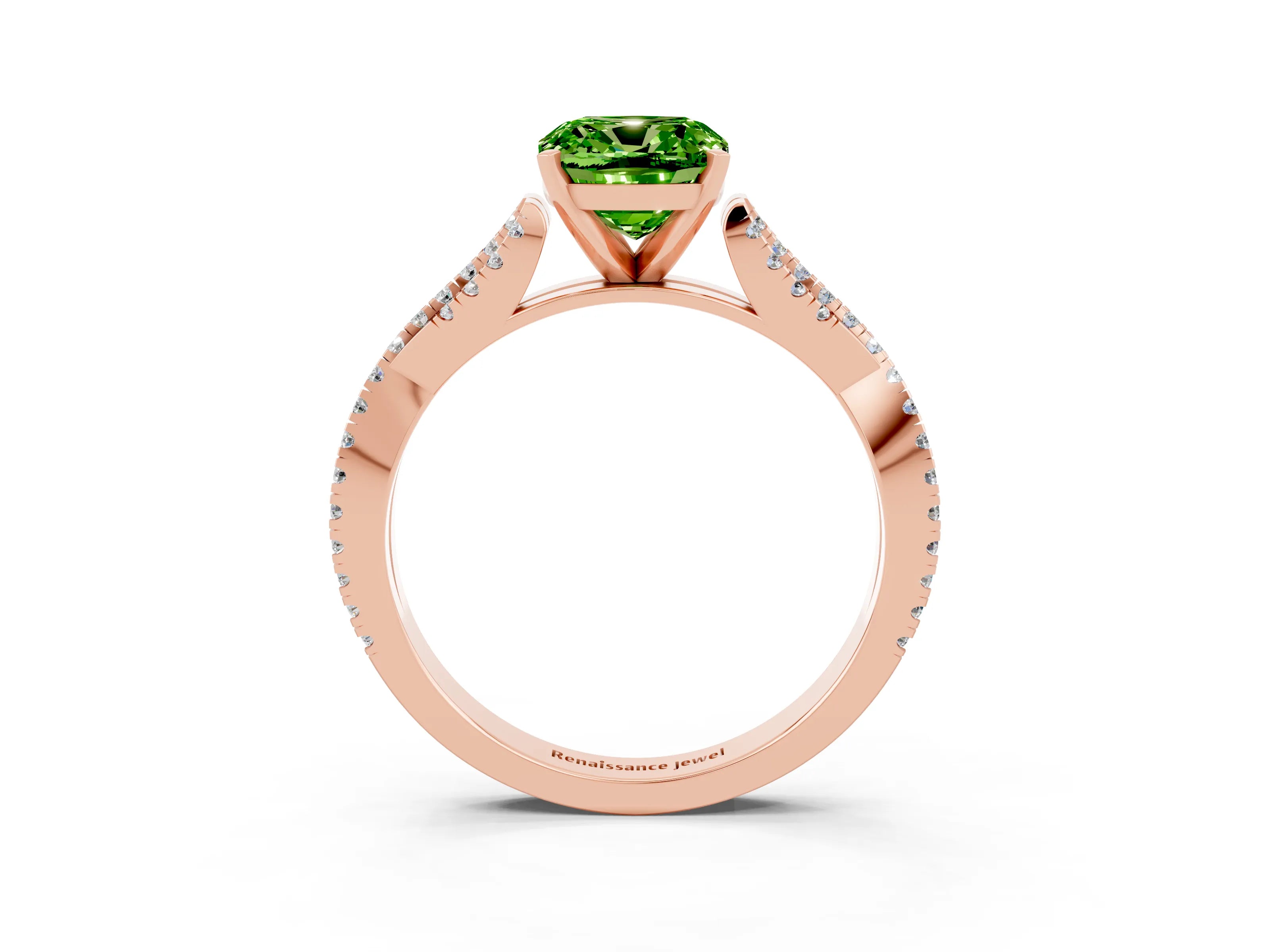 Rose gold Cushion Cut Peridot Solitaire Engagement Ring with Twisted Pavé Band and Four-Prong Setting_15