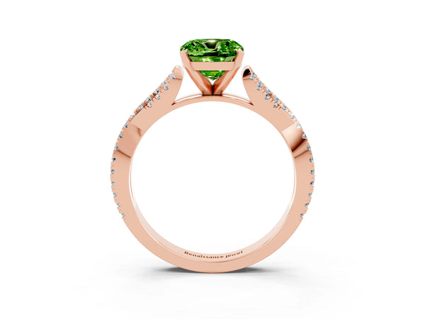 Rose gold Cushion Cut Peridot Solitaire Engagement Ring with Twisted Pavé Band and Four-Prong Setting