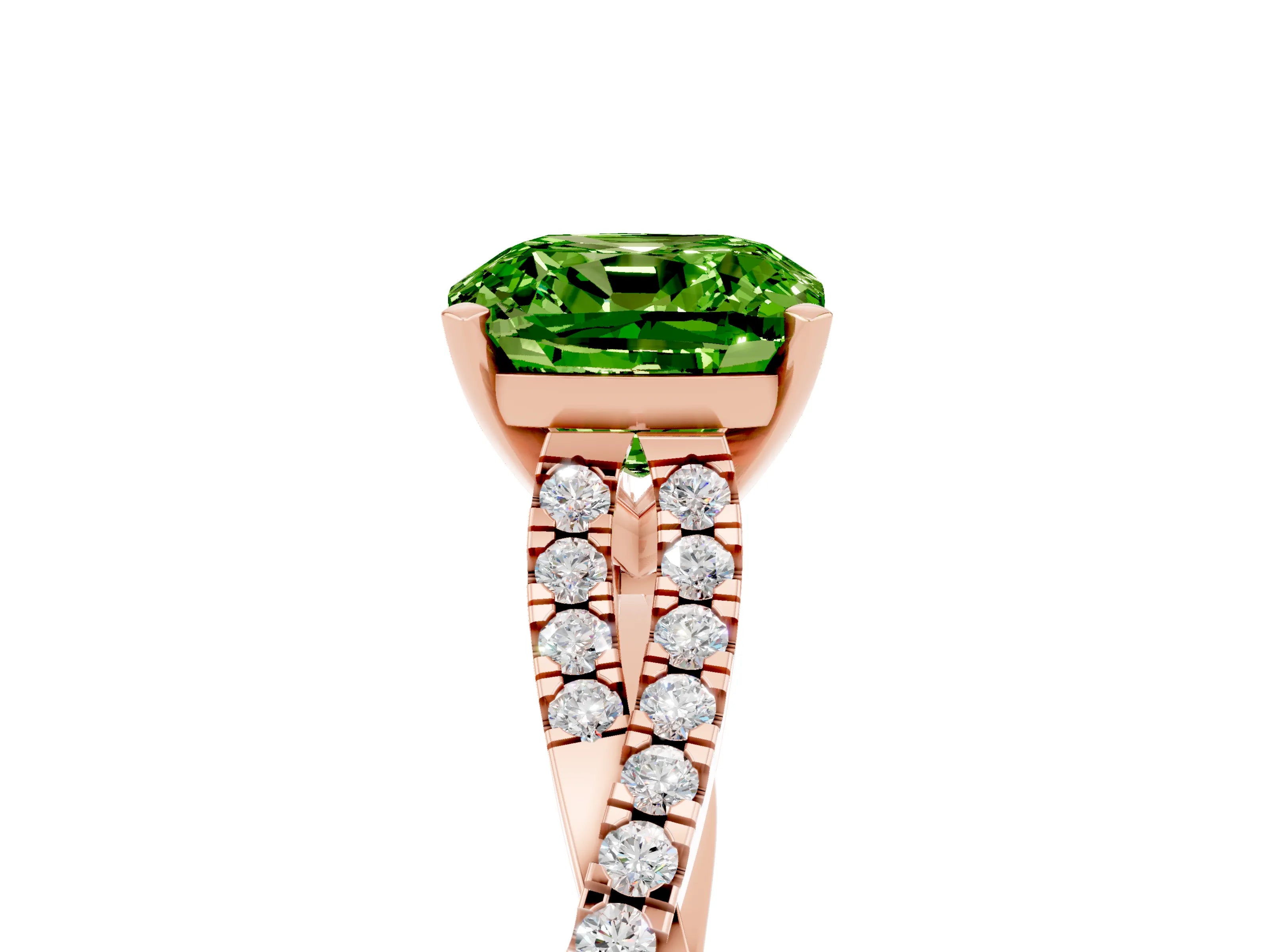 Rose gold Cushion Cut Peridot Solitaire Engagement Ring with Twisted Pavé Band and Four-Prong Setting_17