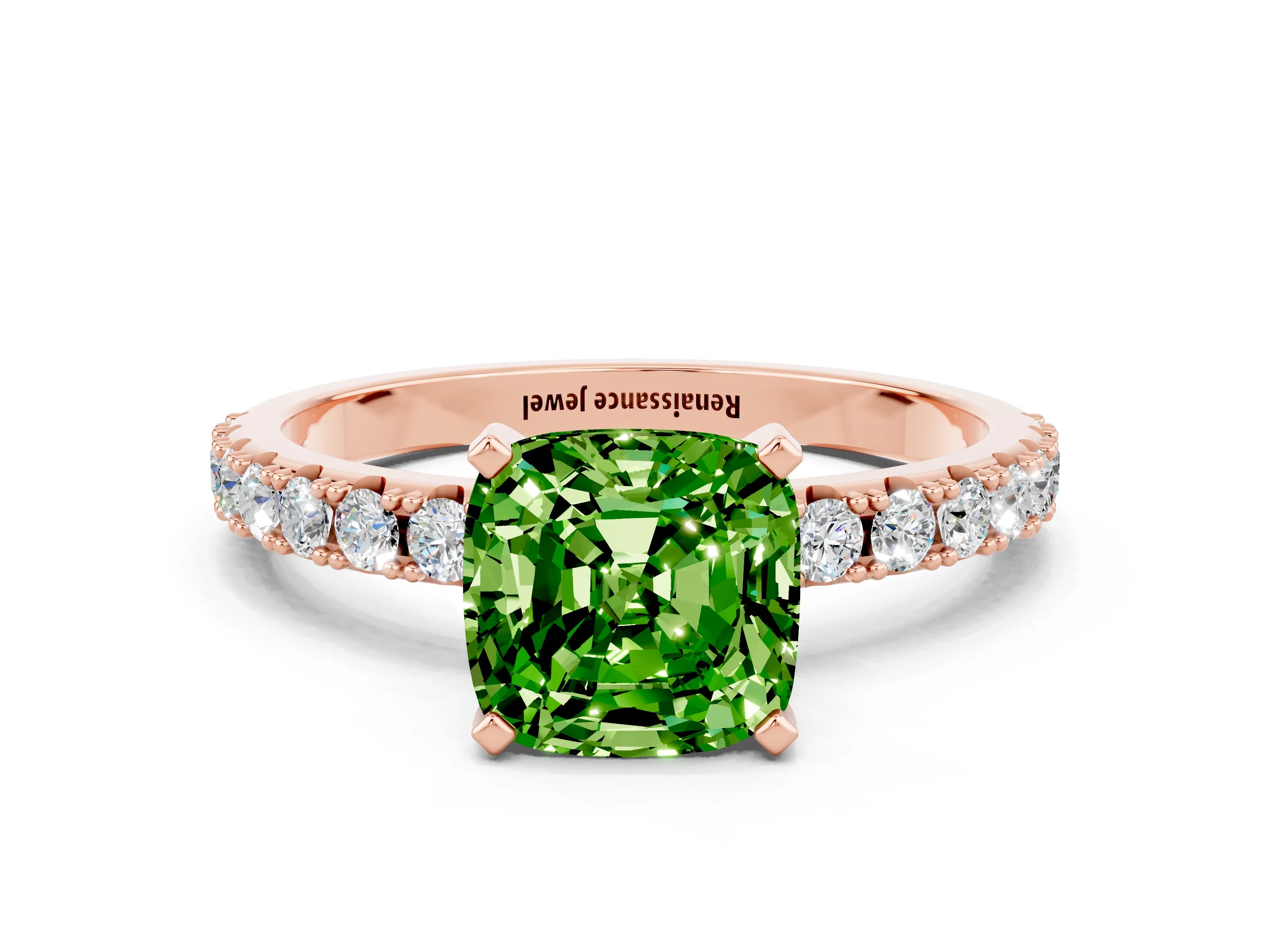 Rose gold Cushion Cut Peridot Solitaire Pavé Band with Four-Prong Setting