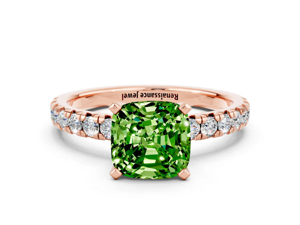 Rose gold Cushion Cut Peridot Solitaire Pavé Engagement Ring with Round Band and Prong Setting